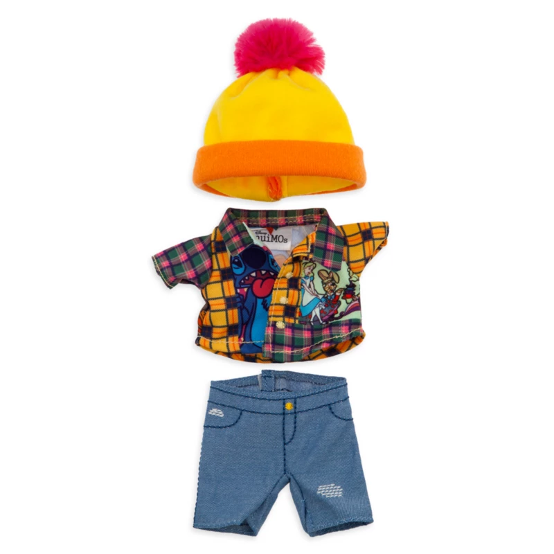 NuiMOs Small Plush Tartan Shirt, Denim Jeans And Pom Pom Hat